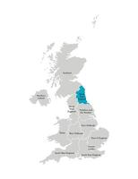 vector geïsoleerd illustratie van vereenvoudigd administratief kaart van de Verenigde koninkrijk, uk. blauw vorm van noorden oosten- Engeland. borders en namen van de Regio's. grijs silhouetten. wit schets.