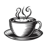 een zwart en wit tekening van een kop van koffie vector