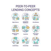 Peer naar peer kredietverlening multi kleur concept pictogrammen. lenen en kredietverlening geld. investering. Verbinden leners met investeerders. icoon pak. vector afbeeldingen. ronde vorm illustraties. abstract idee