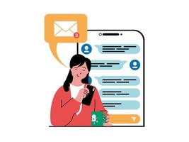 sociaal netwerk concept met karakter situatie. vrouw chats met vriend en ontvangt nieuw berichten, communiceert online gebruik makend van mobiel app. vector illustratie met mensen tafereel in vlak ontwerp voor web