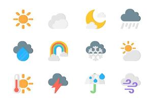 weer 3d pictogrammen set. pak vlak pictogrammen van zon, wolk, maan, regenen, druppel, regenboog, sneeuwvlok, bewolkt, heet temperatuur, wind, meteorologie voorspelling. vector elementen voor mobiel app en web ontwerp