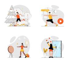 sport opleiding concept met karakter set. verzameling van scènes mensen aan het doen yoga oefening, rennen in park, spelen tennis en oefenen met halters. vector illustraties in vlak web ontwerp