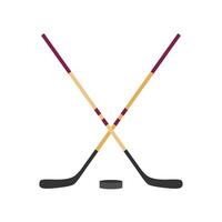 twee gekruiste hockey stokjes en een puck vlak ontwerp vector illustratie. hockey stokken, signalen met puck geïsoleerd Aan wit achtergrond. sport uitrusting symbool
