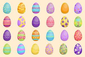 Pasen eieren reeks grafisch elementen in vlak ontwerp. bundel van schattig kleurrijk eieren met verschillend feestelijk patronen in stippen, feestelijk meetkundig of bloemen ornamenten. vector illustratie geïsoleerd voorwerpen