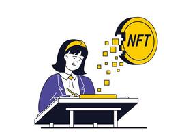 nft token concept met karakter situatie. vrouw artiest creëert digitaal kunst met nft technologie, verkoopt meesterwerken Bij virtueel veiling. vector illustratie met mensen tafereel in vlak ontwerp voor web