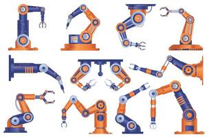 industrieel robot armen reeks grafisch elementen in vlak ontwerp. bundel van automatisch robot manipulatoren handen voor werken Bij transportband lijn van bijeenkomst fabriek. vector illustratie geïsoleerd voorwerpen
