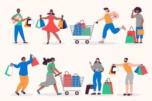 mensen boodschappen doen reeks in vlak ontwerp. mannen en Dames met Tassen en karren, kopers aan het doen aankopen Bij supermarkten, winkels of winkelcentrum. bundel van verschillend karakters. vector illustratie geïsoleerd personen voor web