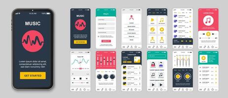 muziek- mobiel app schermen reeks voor web Sjablonen. pak van Log in account, afspeellijst, audio speler, gelijkmaker, instellingen, radio en andere modellen. ui, ux, gui gebruiker koppel uitrusting voor lay-outs. vector ontwerp