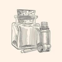 glas flessen met pipet voor cosmetica, oliën, serum. de illustratie is grafisch hand getekend. eps vector, geïsoleerd voorwerpen Aan wit achtergrond vector