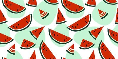 naadloos patroon met plakjes van sappig rood watermeloen met zwart zaden. zomer abstract afdrukken. vector grafiek.