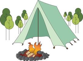 camping tent met een boom in de wit achtergrond, logboeken in de omgeving van een kampvuur fornuis, kampvuur ver van tent illustratie. vector