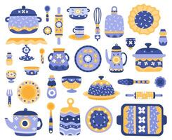 tekenfilm keramisch servies. keuken kookgerei, portie porselein servies, borden, theepot, terrine, portie serviesgoed vector illustratie pictogrammen reeks