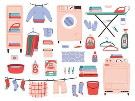 huis de was. schoon wasserij kleren, het wassen machine, huishouden chemie schoonmaak, strijken bord en het wassen poeder vector illustratie reeks