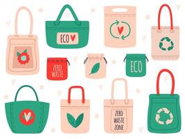 herbruikbaar Tassen. kleding stof recycling symbool boodschappen doen Tassen, nul verspilling hand- getrokken ecologie winkelend publiek. eco vriendelijk tote Tassen vector illustratie reeks