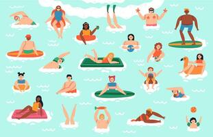 zee zwemmen karakters. mensen oceaan zwemmen, duiken, surfing en zonnen, vakantie water activiteiten vector illustratie reeks