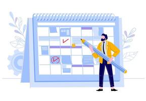 zakenman controleren kalender. Mens met potlood planning werk evenementen Bij planner, bedrijf arbeider dag plan, en evenement organisatie kalender vector illustratie. bedrijf organisator, het roosteren workflow