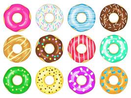 tekenfilm donuts. zoet glazuur en bestrooi donuts, chocola donut met suiker glazuur. heerlijk kleurrijk donuts vector illustratie reeks