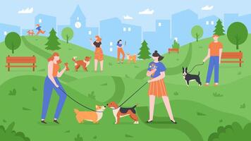 honden Bij park. huisdieren spelen in hond park, mensen wandelen en Speel met honden in buitenshuis tuin, stedelijk hond park landschap kleurrijk vector illustratie. huisdier eigenaren opleiding puppy's, wandelen samen