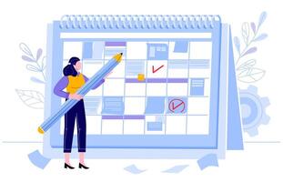 bedrijf vrouw controleren kalender. planning dag, werk maand projecten ontwerper en controleren evenementen kalenders. vrouw karakter met potlood vector illustratie. taak het roosteren, organisatie beheer