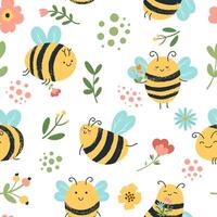 bijen naadloos patroon. schattig hand- getrokken honing bijen, vliegend geel insecten, bloemen en honingbij tekening backdrop vector achtergrond illustratie