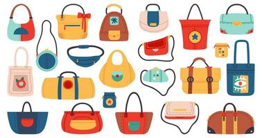 vrouwen handtassen. modieus Dames accessoires, klant, draagtas, riem zak en koppeling. mode leer en textiel Tassen vector illustratie reeks