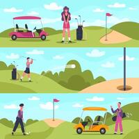 golf spandoeken. mannetje en vrouw golf tekens spelen buitenshuis sport, golf mensen jacht en raken bal vector achtergrond illustratie