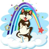 schattige hond op de wolk met regenboog vector