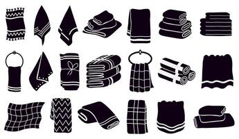 huishouden handdoek silhouetten. zwart textiel gerold en hangende handdoeken. kleding stof badkamer, keuken handdoeken vector illustratie symbolen reeks