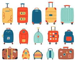 bagage Tassen. vakantie bagage, plastic, metaal of textiel toerisme koffers met wielen. reizen bagage vector illustratie reeks