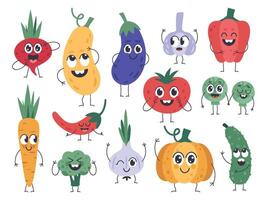 groente mascottes. gelukkig wortel, schattig komkommer en pompoen karakters, grappig vegetarisch voedsel mascotte, grappig groenten emoties vector pictogrammen reeks