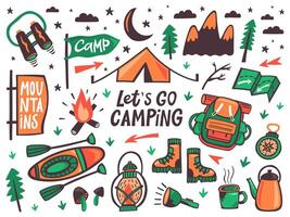 camping buitenshuis elementen. zomer kamp, wandelen recreatie tekens, kajak, rugzak en tent, reizen tekening uitrusting vector illustratie pictogrammen reeks