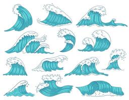 oceanisch golven. zee hand- getrokken tsunami of storm golven, marinier water schacht, oceaan strand surfing golven geïsoleerd vector illustratie pictogrammen reeks