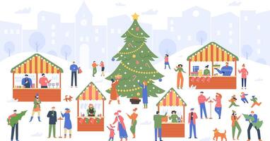 Kerstmis markt. vakantie eerlijk, tekenfilm mensen wandelen Aan versierd buitenshuis kraampjes en buying wijn, voedsel en Kerstmis souvenirs vector kleurrijk illustratie. nieuw jaar marktplaats, winter decoratie