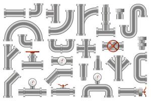 water pijpen. metaal pijpleidingen bouw, industrieel metaal buis pijpen met tellers, kleppen, roterend knoppen geïsoleerd vector pictogrammen reeks