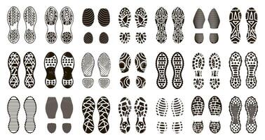 menselijk laarzen voetafdruk. schoenen en blootsvoets silhouet, Mens bagageruimte stappen afdrukken, getextureerde stepping voetafdrukken geïsoleerd pictogrammen illustratie reeks vector