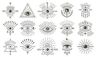 onheil tekening oog. hand- getrokken magie hekserij oog talisman, magisch esoterisch ogen, religie heilig geometrie symbolen vector illustratie pictogrammen reeks