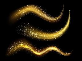 schitteren verlichting pad. gloeiend licht sparkles met gouden schitteren, magie sterrenstof Golf en mooi fonkeling licht vervagen spoor vector illustratie reeks