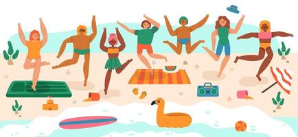 strand jumping mensen. jong gelukkig tekens zomer vakantie activiteiten, lachend tieners groep springen, hebben pret Bij strand vector illustratie
