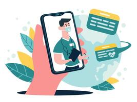 medisch online overleg. therapeut advies babbelen Aan smartphone scherm, online medisch internet kliniek bijstand onderhoud, vector illustratie