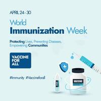 wereld immunisatie week. wereld immunisatie week 2024 bewustzijn banier met schattig pictogrammen van spuit, vaccin fles, bescherming schild in licht cyaan thema kleur. vaccin voor allemaal, immuniteit idee, concept vector