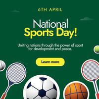 Internationale sport- dag. 6e april nationaal sport- dag voor ontwikkeling en vrede viering banier met verschillend sport- uitrusting en atleet uitrusting tennis bal, rackets Aan donker groen achtergrond. vector