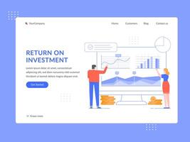 terugkeer Aan investering. roi analyse, mensen analyseren financieel strategie en inkomen groei grafieken landen bladzijde sjabloon vlak vector illustratie. genereren inkomen web banier, Startpagina ontwerp