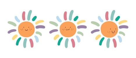 schattig hand- getrokken glimlachen zonnen in regenboog kleuren. decoratie in kinderachtig stijl voor kinderkamer of kinderen kamer. vector illustratie