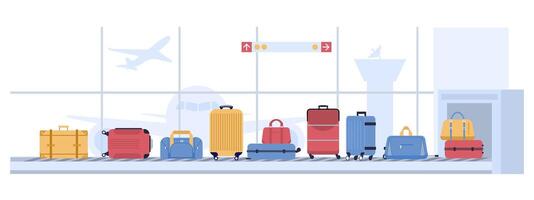 bagage luchthaven carrousel. bagage koffers scannen, bagage transportband riem met Tassen en koffers. vliegmaatschappij vlucht vervoer vector illustratie
