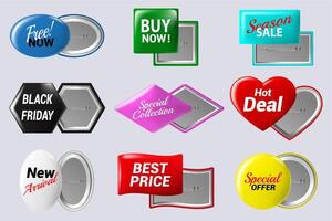 realistisch uitverkoop badges toetsen. speciaal aanbod knop insigne, glanzend kleurrijk metaal cirkel etiket geïsoleerd vector geïsoleerd pictogrammen reeks