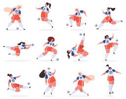 vrouw Amerikaans voetbal spelers. voetbal Dames team, jong vrouw Amerikaans voetbal tekens schoppen voetbal bal, meisjes spelen voetbal vector illustratie reeks