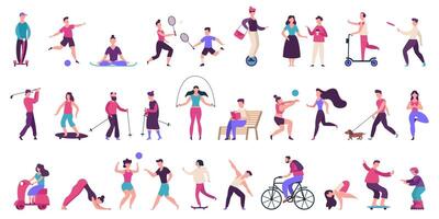 mensen buitenshuis activiteiten. actief, gezond levensstijl, joggen, rennen, rol schaatsen, fiets en skaten geïsoleerd vector illustratie pictogrammen reeks