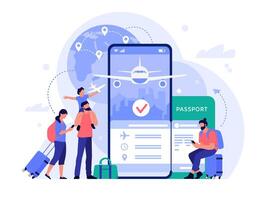 lucht reizen ticket buying app. mensen buying kaartjes online, telefoon reservering onderhoud voor toerisme en vakantie, reizen concept vector illustratie. vlucht zoeken hulpmiddel. toeristen maken reservering