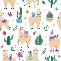 lama en cactus patroon. schattig naadloos hand- getrokken Mexicaans alpaca met woestijn cactussen, Peruaanse etnisch vector achtergrond illustratie