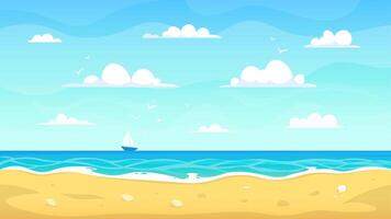 tekenfilm strand landschap. zomer oceaan zanderig kust, vakantie tropisch visie, zee natuur paradijs landschap vector achtergrond illustratie